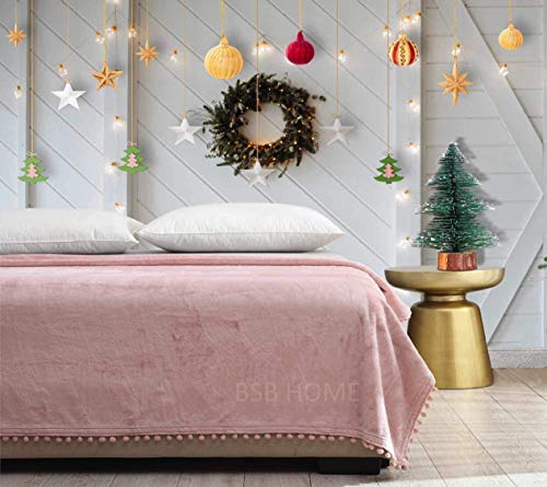 Image of BSB HOME Micro Mink All Season Solid 250 GSM Throw Size Blanket /Comforter /Dohar /Throw, Ultra Soft Cozy Blanket with Pompom Fringe (Pink, 150X115 cm)