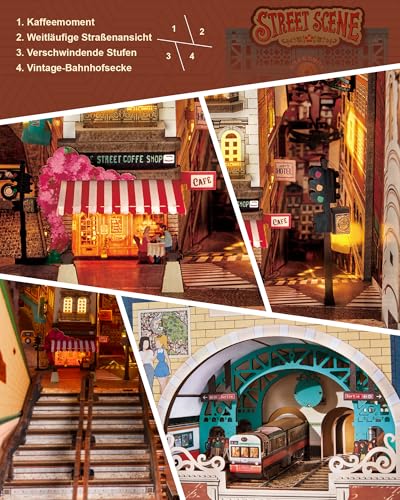 Rolife Book Nook Street Scene, DIY Miniaturhaus Kit mit Lichtern, Booknook für Erwachsene zum Bauen, 3D Holz Puppenhaus Buchstütze Sammlerstücke & Bücherregal Deko, Weihnachts und Geburtstagsgeschenk