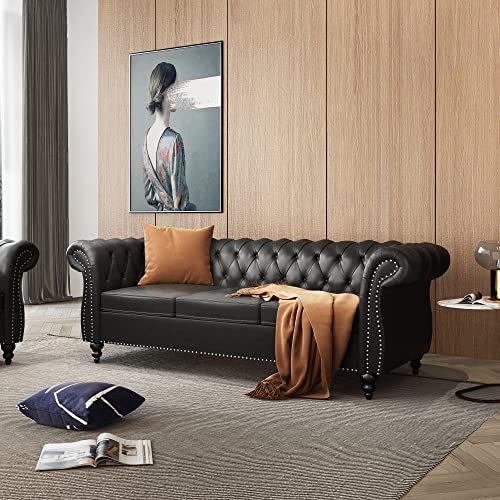 Image of ORRD 2 Pieces Living Room Set, Chesterfield Leather Sofa Loveseat Couch with Scroll Arms and Nailhead for Living Room, Office (Black)