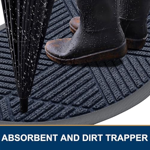 Image of Smiry Half Circle Front Door Mat Outside Entrance, Heavy Duty Sturdy Natural Rubber Doormat, Trap Dirt and Moisture, Low Profile Mats for Indoor Outdoor Entry, Irregular Triangle (35x23, Navy Blue)