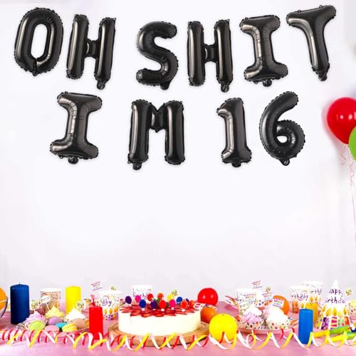 Image of Oh I'm 16! Latex Balloons 16 Inch Black Hallo Sixteen Cheers to 16 Years Old Theme Decor for Man Woman Happy 16 Birthday Party Photo Studio Prop Flag Decorations Favors Supplies