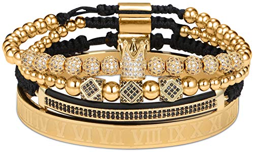 Haoze Imperial Crown King Mens Bracelet, 8mm CZ Beads Gold Bracelets for Men Luxury Crown Charm Fashion Bangle Birthday Jewelry(4PCS - Gold - Style 1)