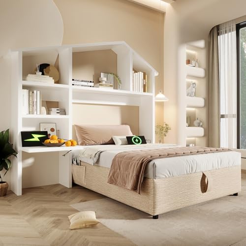 Okyion Kinderbett 90x200 Natur Leinen mit Lattenrost