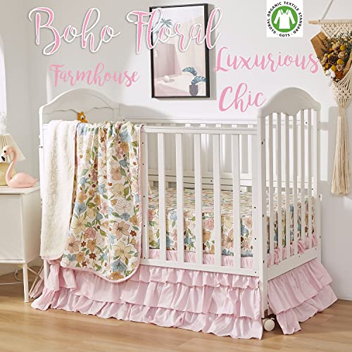 Image of Brandream Crib Bedding Set for Girls 6 Pieces Floral Baby Nursery Bedding Set with Enchanting Blossoms Flowers,Blush Pink Yellow Green Garden Farmhouse Chic Cotton