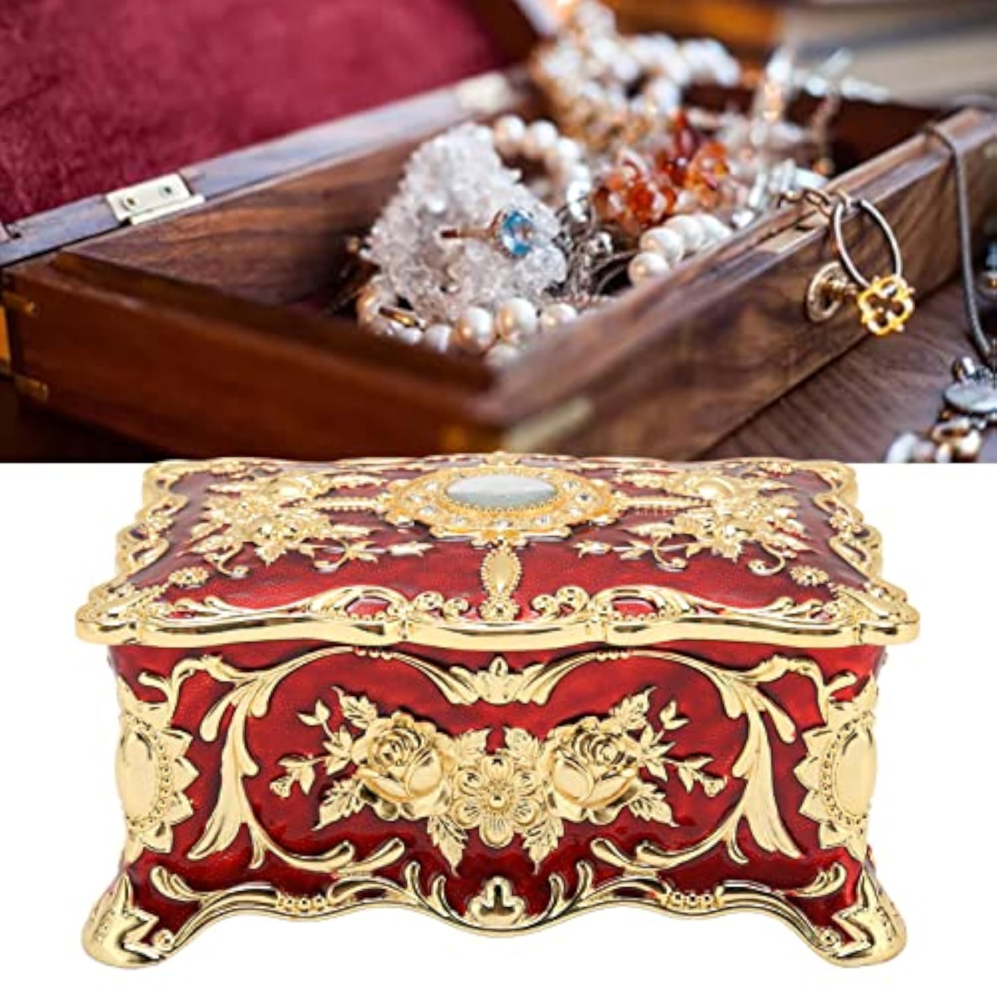 Vintage Double Layer Treasure Chest Jewelry Box, Gold Red