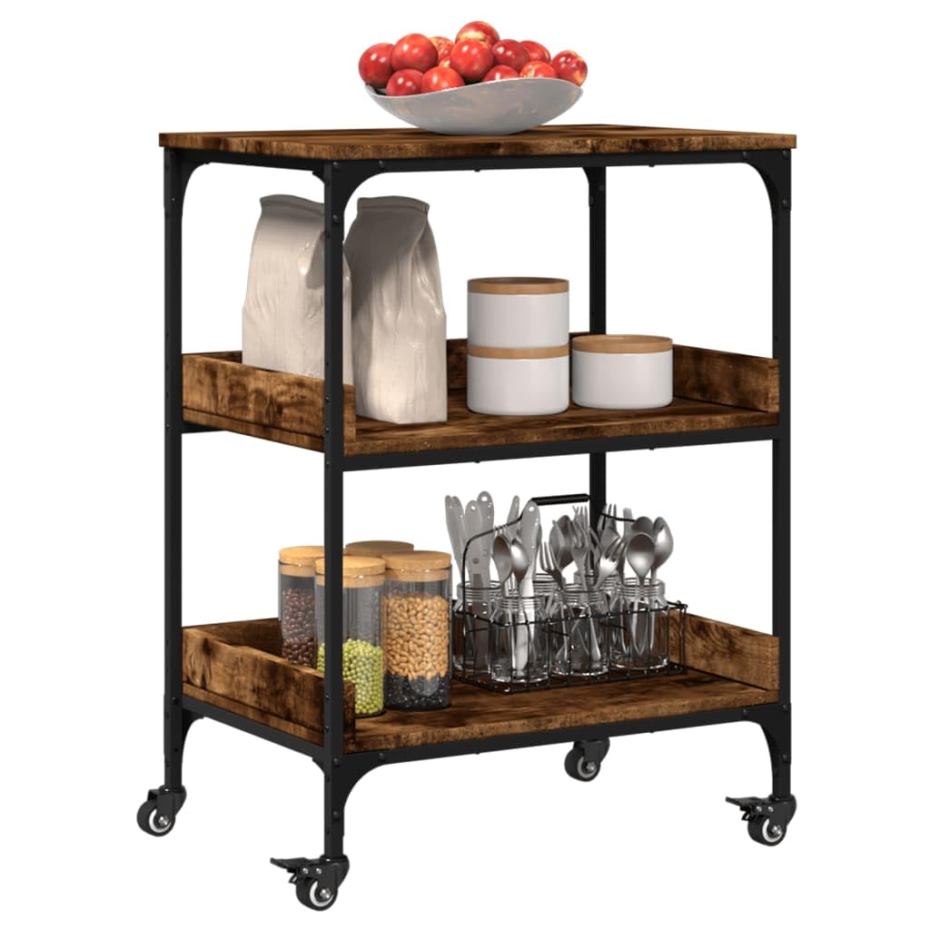 Carro de cocina de roble ahumado, 60 x 41 x 80,5 cm, material de madera con marco de acero, carrito para servir con 4 ruedas, carrito auxiliar con espacio para cocina, comedor, organizador