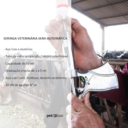 Pistola/Seringa Veterinária SemiAutomática 50ml inox com 10 Agulhas - Uso: Bovino/Equino/Ovino