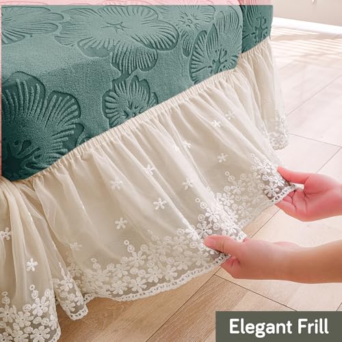 Image of HOKIPO 'Floravelle' 200gsm Knitting Jacquard Elastic 1 Seater Sofa Cover with Frill, Basil Green (AR-6029-GRN)