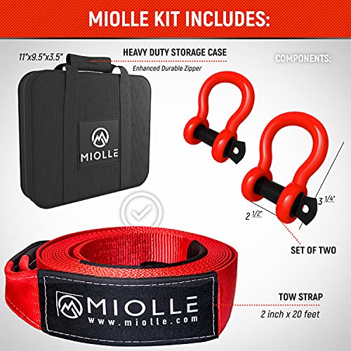 Miolle Tow Strap 2”X20’- 20990 Lbs Mbs (Lab Tested) Recovery Strap Kit Includes: Tow Rope, 2 D-Ring Shackles 5/8 Mbs- 28640Lbs, Storage Case #TOP3