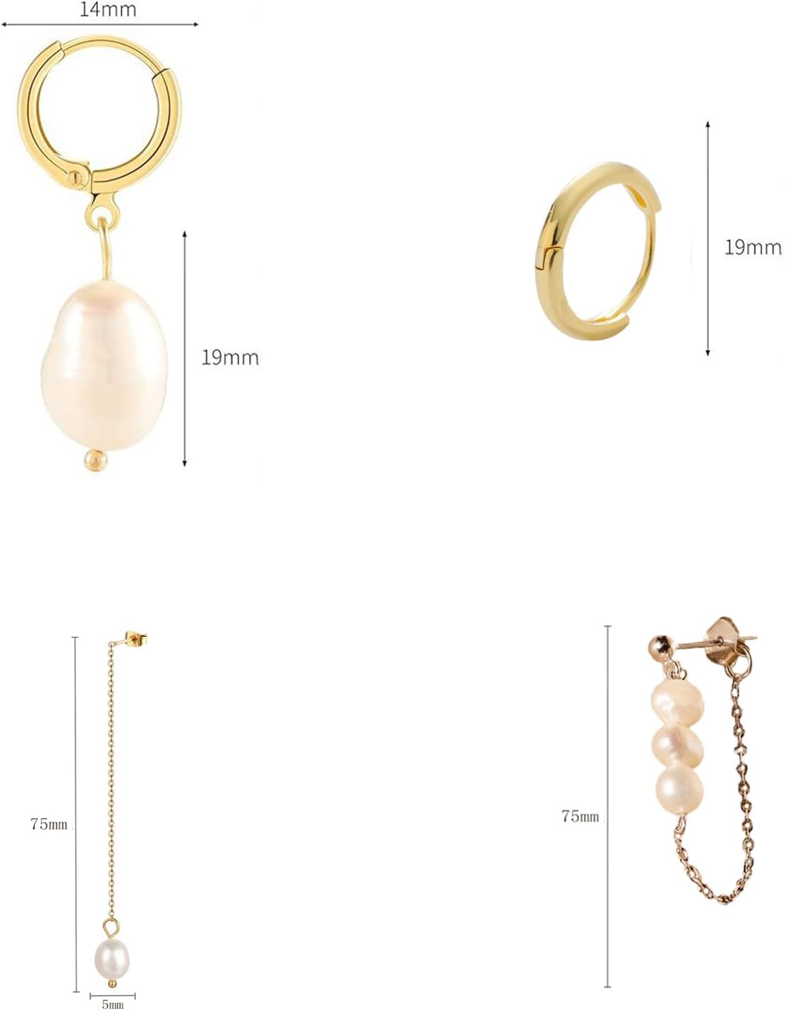 4pcs Gold Earrings Set 14K Gold Plated Pearl Dangle Hoop Earrings for Women Trendy Small Drop Chain Hoops Perfect for Multiple Piercings Special Occasions - Image 5