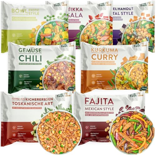 LiveFresh vegane Fertiggerichte Probierpaket | 14 x 400g verschiedene Feriggerichte | Low Carb Lebensmittel | Viel Protein und nur 360 kcal pro Portion | Schnell zubereitet | Schonend schockgefrostet