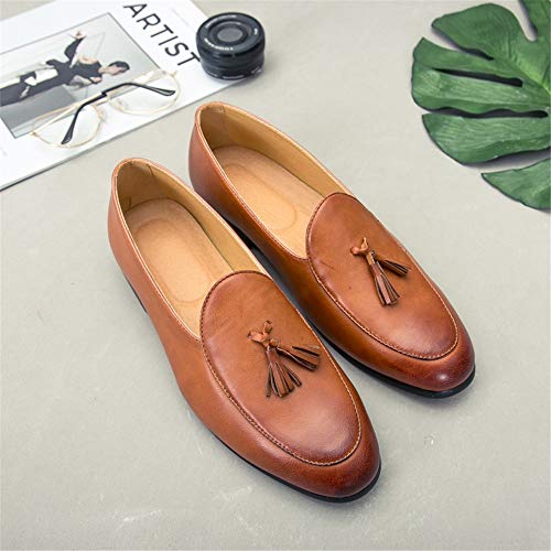 Loafer for Men Round Moc Toe Tassel Plain Low Block Heel Stitching Synthetic Leather Rubber Sole(Yellow,10 M US)3
