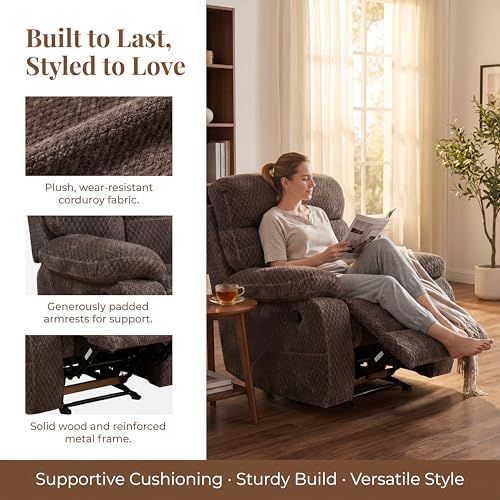 Image of Oversized Corduroy Recliner Chair, Manual Lazy Boy Recliner with Home Theater Seating, Breathable Living Room Reclining Chair for Adults Reading, Gaming, Relax, Brown