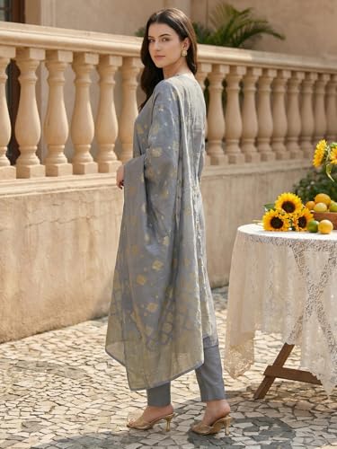 Image of INDO ERA Women's Viscose Self Design Straight Kurta with Pant & Dupatta Set