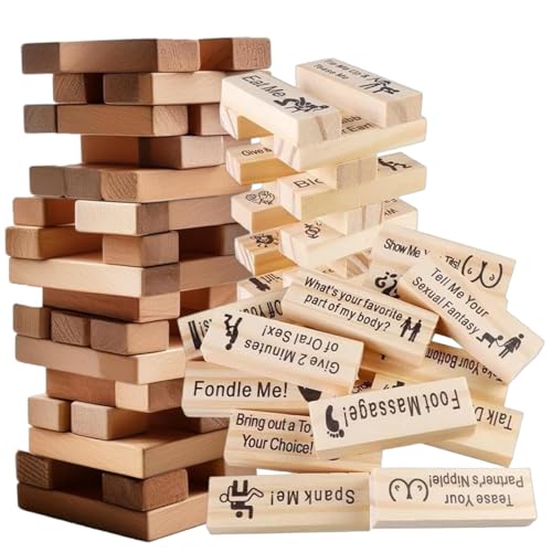 Jeu de 48 tours coquines pour couples – Blocs empilables amusants en bois, jeu d'activités pour rendez-vous galant, idée de Saint-Valentin, jeu de tour de culbute pour adultes, enterrement de vie de