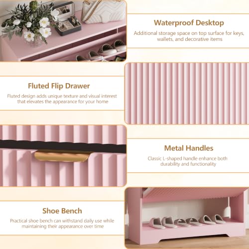 Image of HUANLEGO Shoe Cabinet Storage for Entryway with 2 Flip Drawer, Pink | Fluted Shoe Cabinet with Open Storage, Hidden Shoe Rack for Entryway,Freestanding Narrow Shoe Organizer for Hallway, Entrance