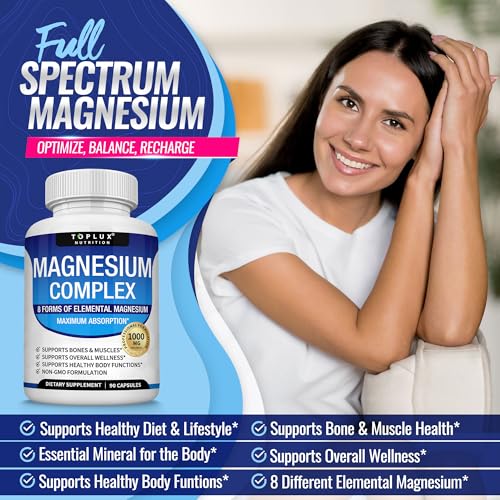 Magnesium Complex Supplement 8 Elemental 1000mg - Magnesium Glycinate, Citrate, Malate, Taurate, Chelated for Easy Absorption for Bones, Muscle, Recovery, Energy, Vegan Non-GMO 90 Capsules - Image 3