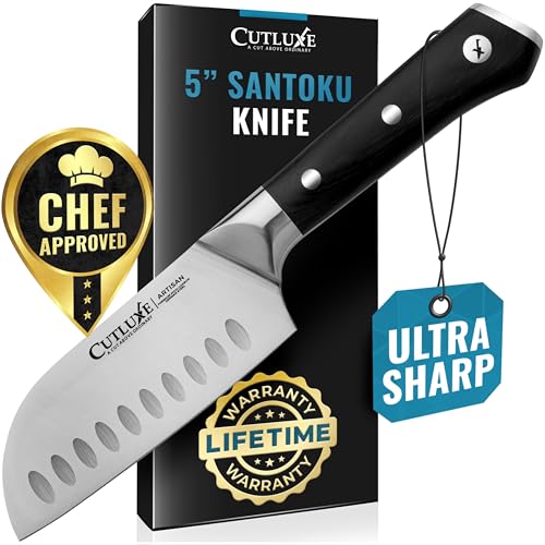 Cutluxe Santoku Knife – 5' Chopping Knife, Vegetable Knife – Forged High Carbon German Steel – Full Tang & Razor Sharp – Ergonomic Handle Design – Artisan Series