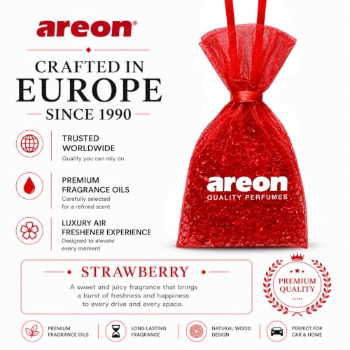 Image of AREON Pearls Strawberry Car Air Freshener - Hanging Odor Eliminator for Car Home Office - Long Lasting Quality Perfume Fragrance Beads - Fresh Fruity Strawberry Scent Air Freshener (Pack of 3)