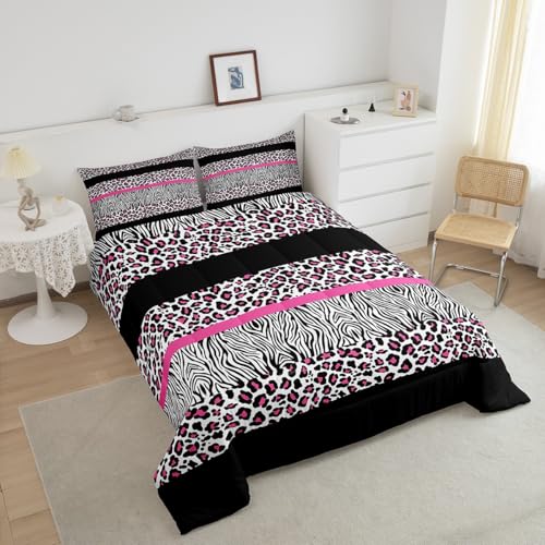 Image of Feelyou Pink Leopard Comforter Set Queen Size, Zebra Print Comforter for Kids Boys Girls Pink Black Bedding Set Safari Animal Duvet Insert Bed Set 3Pcs