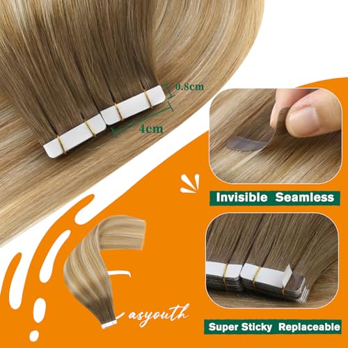 Easyouth Invisible Tape in Hair Extensions Human Hair Balayage Blond Tape Extensions Real Human Hair 24 Inch Brown Ombre Honey Blonde Platinum Blonde Tape in Human Hair Straight 20Pcs 50g #6/27/60 - Image 3
