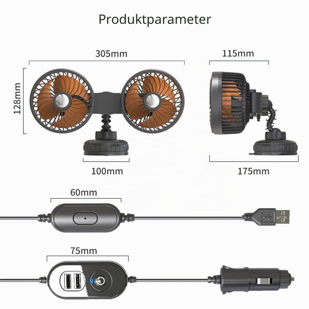 BININBOX 360° Drehbarer Doppelkopflüfter mit Saugnapf Universell 5/12/24V Geräuscharm 3 Geschwindigkeitsstufen für Auto und Tisch (5V (USB))