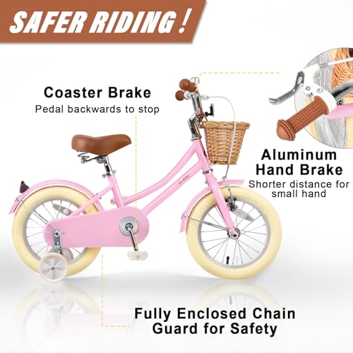 Image of Glerc Little Molly 12-20 Inch Kids Retro Cruiser Bike for 2-13 Year Old with Wicker Basket & Training Wheels /Kickstand, Multiple Colors