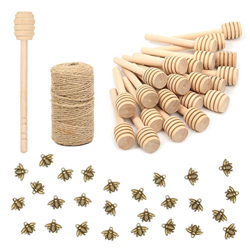 50 Pack 3 Inch Mini Wood Honey Dipper Sticks SetHoney Stirrer Honey Wand for Honey Jar Dispense Drizzle Honey 50 Pieces Honeybee Charm Pendants with Jute Rope for Honey Jar DIY Crafts