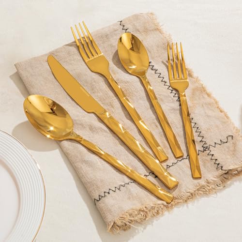 Image of KINGSTONE Gold Silverware Set, Luxury 20 Piece Flatware Set for 4, 18 /10 Stainless Steel Cutlery Set with Diamond Cut Pattern for Kitchen, Home, Wedding, Party, Mirror Polished and Dishwasher Safe