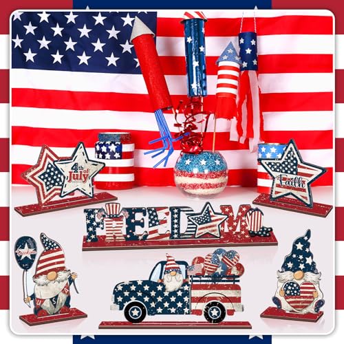 Image of gisgfim 6Pcs 4th of July Wooden Table Centerpiece Patriotic Table Decoration Independence Day Wood Letter Sign Freedom Gnomes Truck Table Decorations for Patriotic Party Veterans Day Home Decor