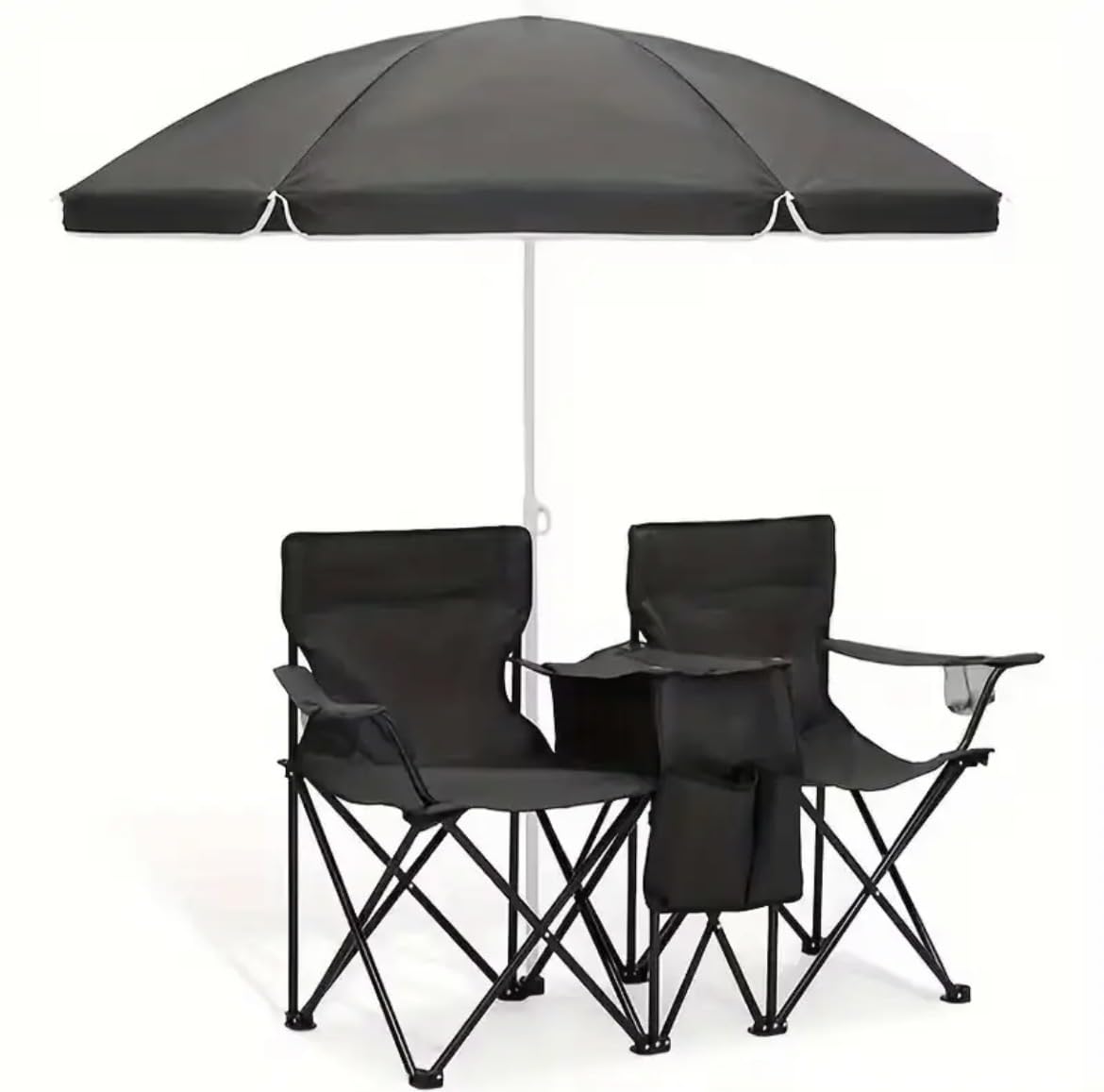 Double Folding Camping Chair with Umbrella, Canopy Shade, Cooler Bag and Cup Holders, Portable for Beach, Picnic, Black