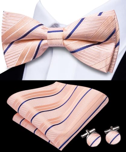 Image of Dubulle Mens Paisley Striped Bowtie Set Pre-tied Bowtie for Men and Pocket Square Set Wedding Business