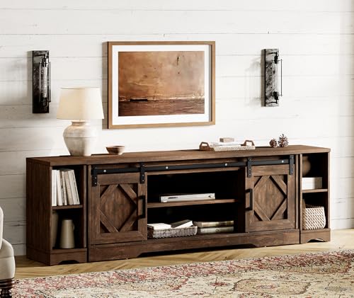 Image of WAMPAT Farmhouse TV Stand for 80-85 inch TV with Distressed Wood Finish