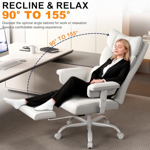 Image of Misolant Big and Tall Office Chair with Footrest, High Back Executive Desk Chair with Adjustable Lift Armrest, 155Recline,Lumbar Support Pillow, Faux Leather Gaming Chairs for Home All White