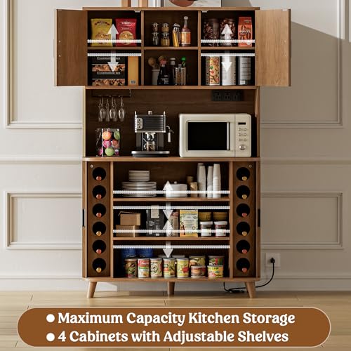 Image of Lulive 71 inch Tall Pantry Cabinet with Rolling & Sliding Doors, 39 inch Wide Kitchen Storage Cabinet with Charging Station and Open Countertop, Modern Kitchen Pantry Cabinet for Dining Room, Walnut