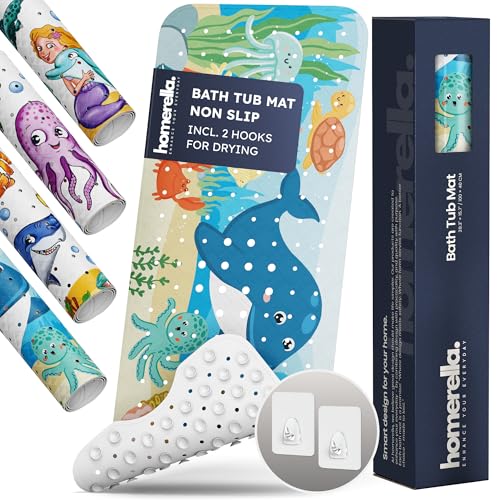 Image of Bath Tub Mat Non Slip Anti Mold for Kids BPA Free INCL Hooks - homerella® Ocean Sea Animals 40x16, Baby Bath Mat Non Slip 200 Suction Cups, Non Toxic Machine Washable Toddler EU Certified -Magic Sea