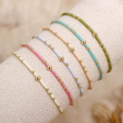Gold Seed Beaded Bracelets Set for Women, Boho Handmade Friendship Stretch Summer Beach Jewelry Gift. 6