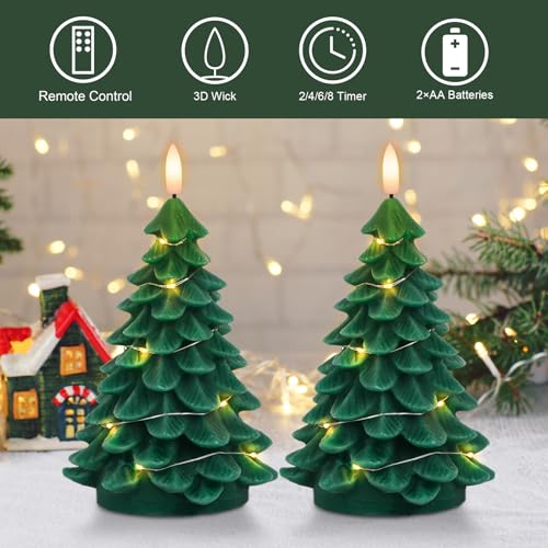 Image of Eldnacele Christmas Tree Flameless Candles String Lights with 11-Key Remote and Timer, Battery Operated 3D Wick Flickering Real Wax LED Pillar Candles Xmas Eve Dinning Holiday Decor(2Pcs,3 inchx7.1 inch)