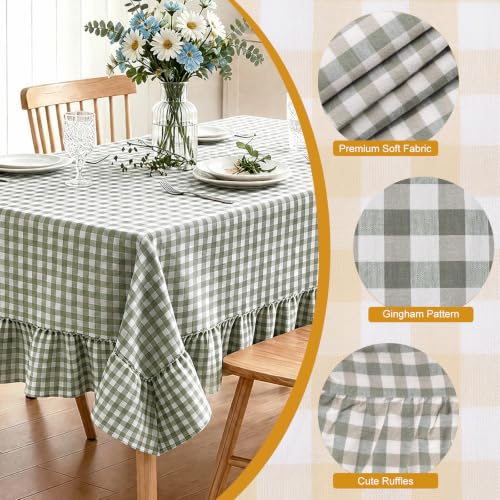 NALVXIN Gingham Ruffled Tablecloth Rectangular, Washed Cotton Buffet Cottage Coquette Checker Plaid Vintage Decorative Tablecloth(60"x120", Sage Green) by NALVXIN - Used condition - Image 3
