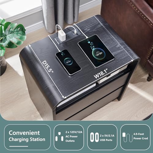 Image of Aitjunz 25 inch Tall Modern Nightstand Set of 2, 23.6'' Wide Wood Bedside Table w /2 Storage Drawers, Charging Station, Mid Century End Table for Bedroom, Living Room,Curved Profile Design, Black