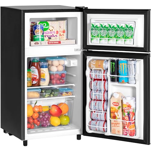 Double Door Refrigerator with Freezer, 3.5 Cu.Ft, Small Fridge with Freezer, 7 Settings Temperature Adjustable, Mini Refrigerator for Apartment Bedroom Dorm and Office, (Black)