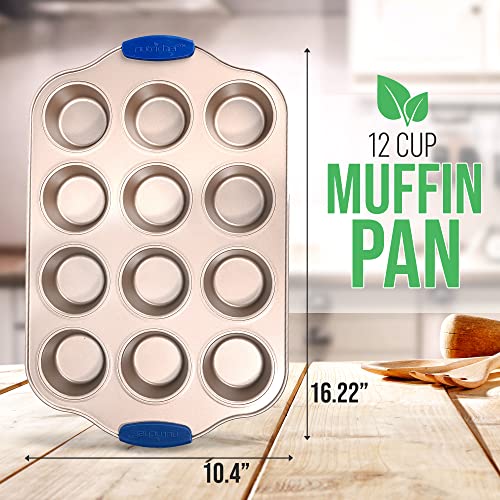 Image of Nutrichef 12 Cup Muffin Pan, Durable and Nonstick Carbon Steel Bake Pan with Silicone Handles, Kitchen Essential Cupcake Pan, Stain Resistant, Easy Clean, PFOA, PFOS, PTFE Free, 16.22'' x 10.43''