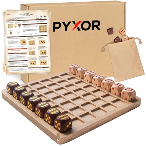 PYXOR DICE BATTLE - Schachbrett Holz hochwertig Premium mit Würfeln -Strategiespiele für 2 Personen -Schach & Dame neu erfunden -Gesellschaftsspiel für Erwachsene & Familien -Holzspiele & Würfel Spiel