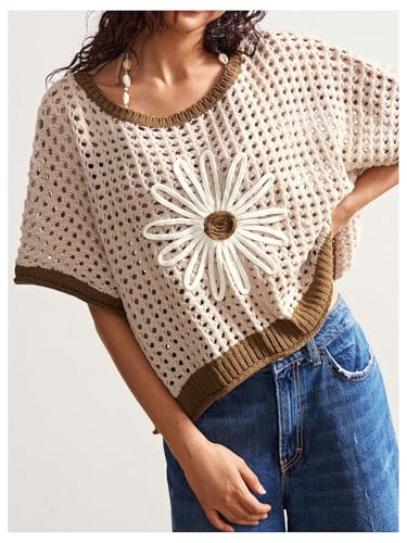 Women's Boho Floral Crochet Knit Tops Hollow Out Short Sleeve Crew Neck Knitwear Summer Sweater4