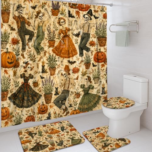 Rideau de douche squelette et citrouilles pour décoration Halloween de salle de bain