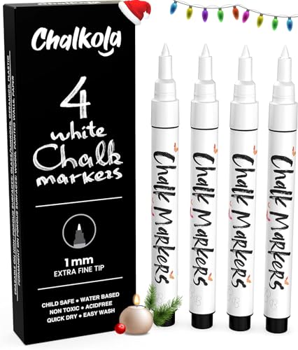 Extra Fine Tip White Chalk Markers (4 Pack 1mm Point) Chalk Pens - White Dry Erase Marker Pen for Blackboard, Chalkboards, Windows, Glass, Bistro, Signs