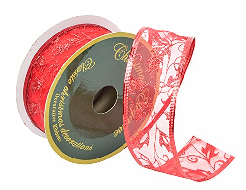 Christmas Decorative Gift and Tree Wired Sheer Glitter Ribbon 2"W x 50FT Spool (Ruby)