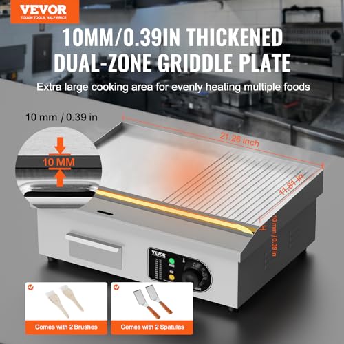 Image of VEVOR Commercial Electric Griddle, 1600W Countertop Half-Flat Top Grill, 22in Stainless Steel Griddle Grill with 2 Shovels and 2 Brushes for Home or Restaurant, 122℉-572℉ Adjustable Temp