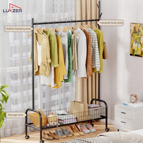 Image of Lukzer | MGR-003 | Black | Metal Garment Rack with Wheels, Single Rod & Mesh Base - Heavy-Duty Freestanding Clothes Stand with Bottom Shelf for Bedroom, Entryway, Laundry & More | 173 x 110 x 35 cm