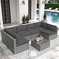 Crownland 7-Pieces Outdoor Patio Furniture Sets, All-Weather Grey Wicker Rattan Sectional Sofa, Modern Glass Coffee Table and Washable Seat Cushion with YKK Zipper (Grey)